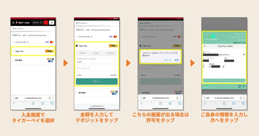 BetAndMark (ベットアンドマーク)のタイガーペイの入金方法、その１